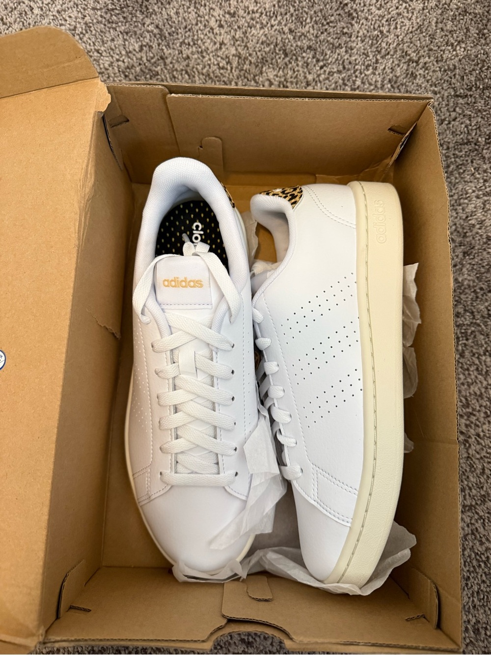 adidas White Leather Sneakers with Gold Logo and Leopard Heel
